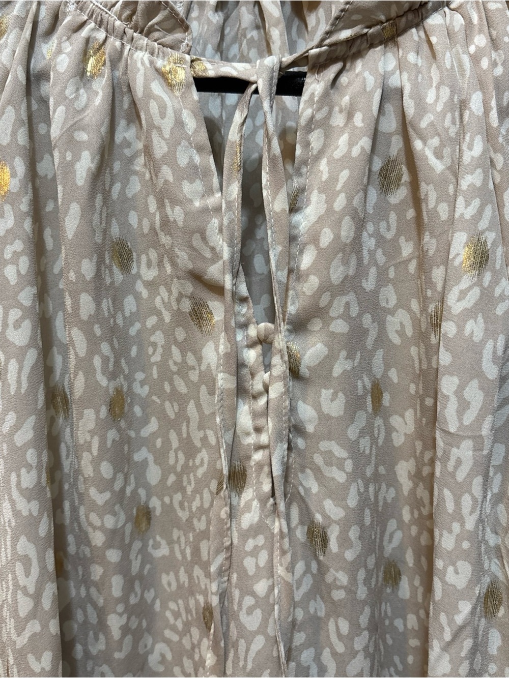 Perch Blu Pepper Beige Animal-Print Tie-Neck Blouse Gold Accents ruffled collar